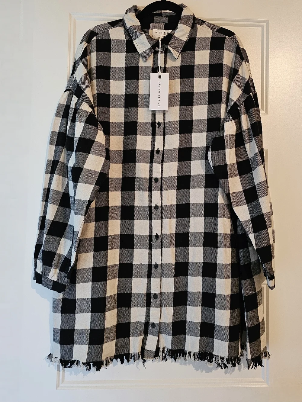 New RISEN Los Angeles Buffalo Plaid Shacket Shirt Dress Raw Hem Sz Lg - Picture 3 of 5